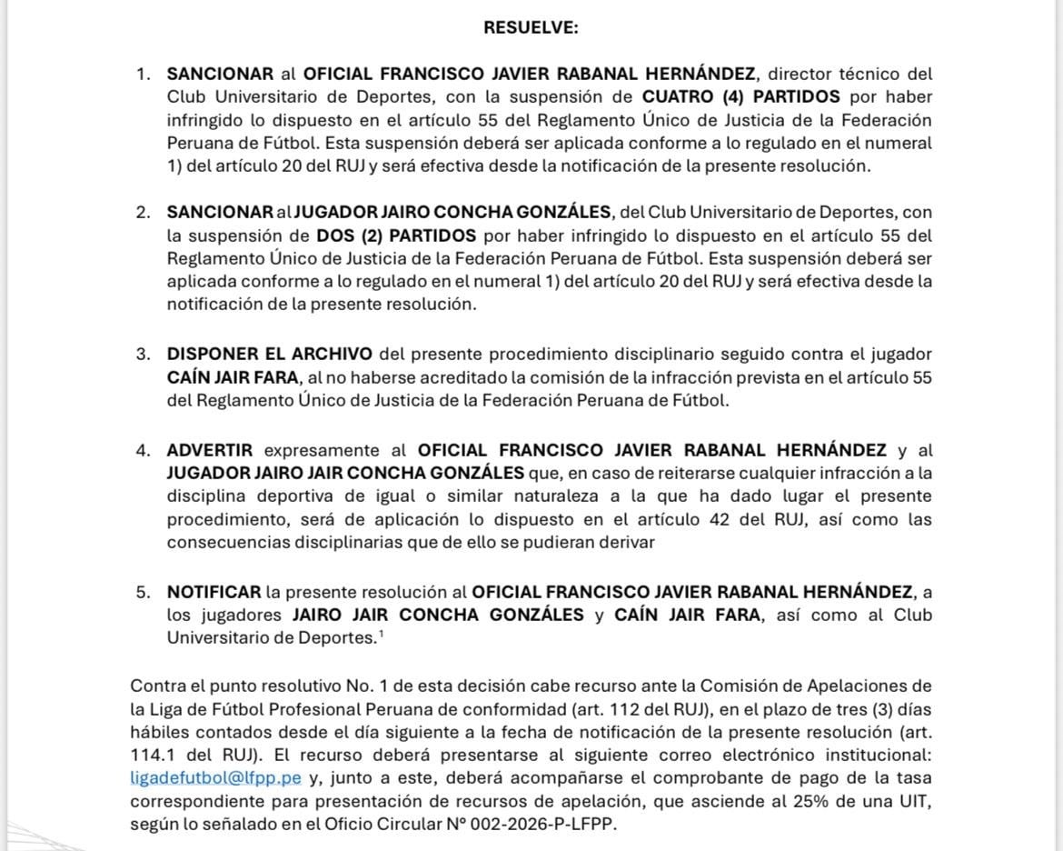 ¡A poco del clásico! Universitario ya conoce las sanciones de Javier Rabanal, Jairo Concha y Caín Fara.