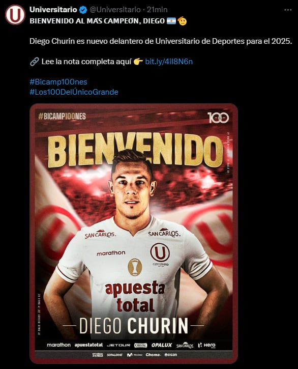 Universitario anunció la llegada de Diego Churín. (Captura)