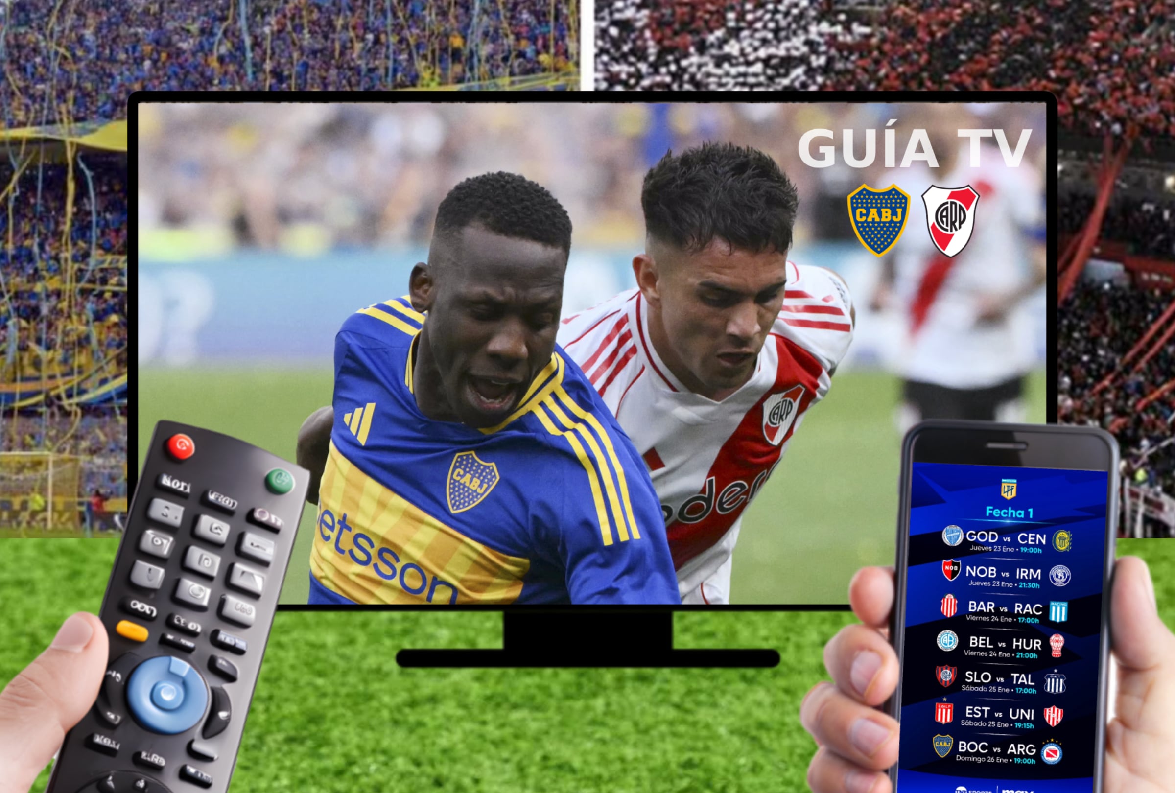 Lista de canales de televisión y plataformas online para ver el superclásico Boca Juniors vs. River Plate este domingo 27 de abril por la fecha 15 del Torneo Apertura de la Liga Profesional 2025 (Foto: AFP / Canva.com / Noé Yactayo)