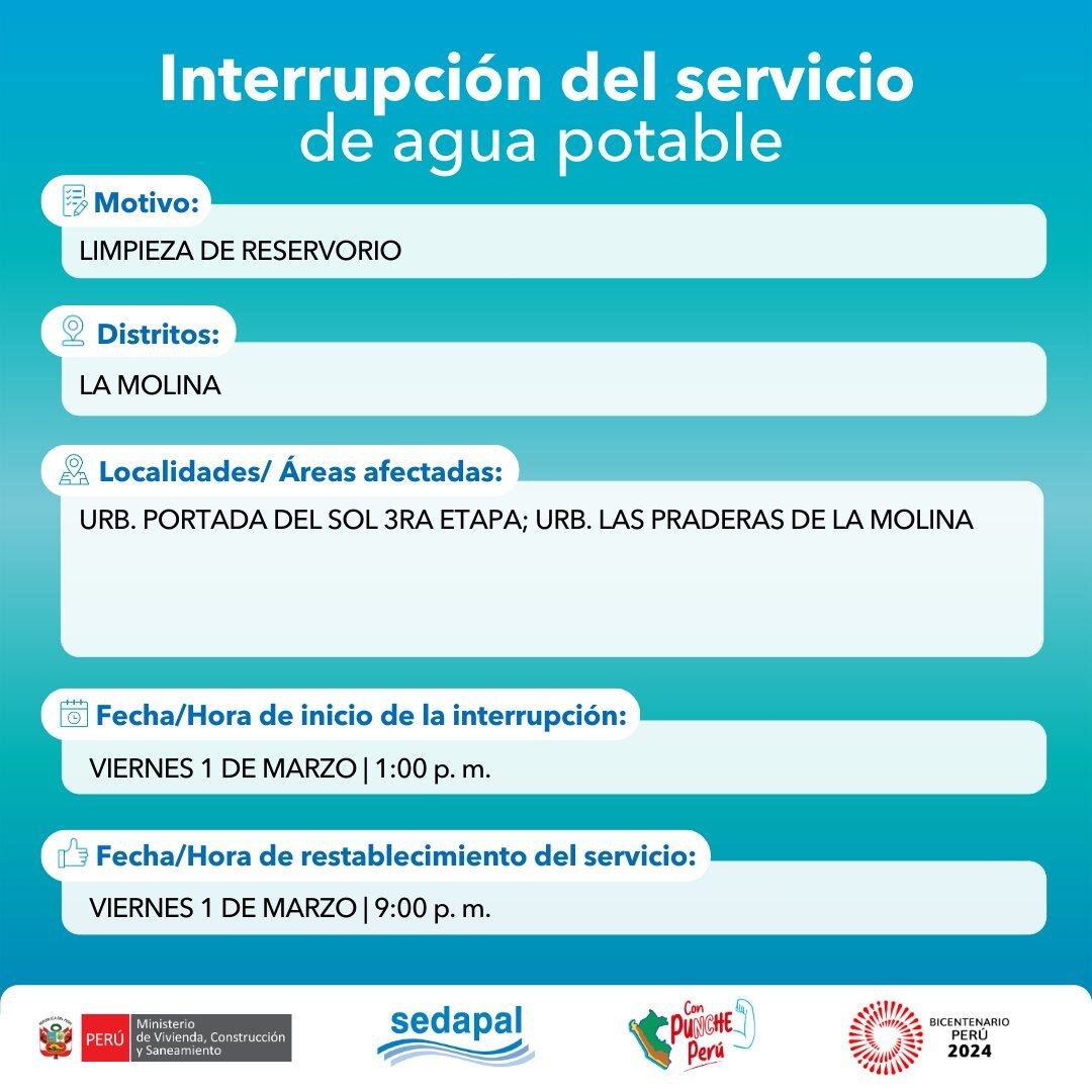 Corte de agua para el 1 de marzo. (Foto: Sedapal)