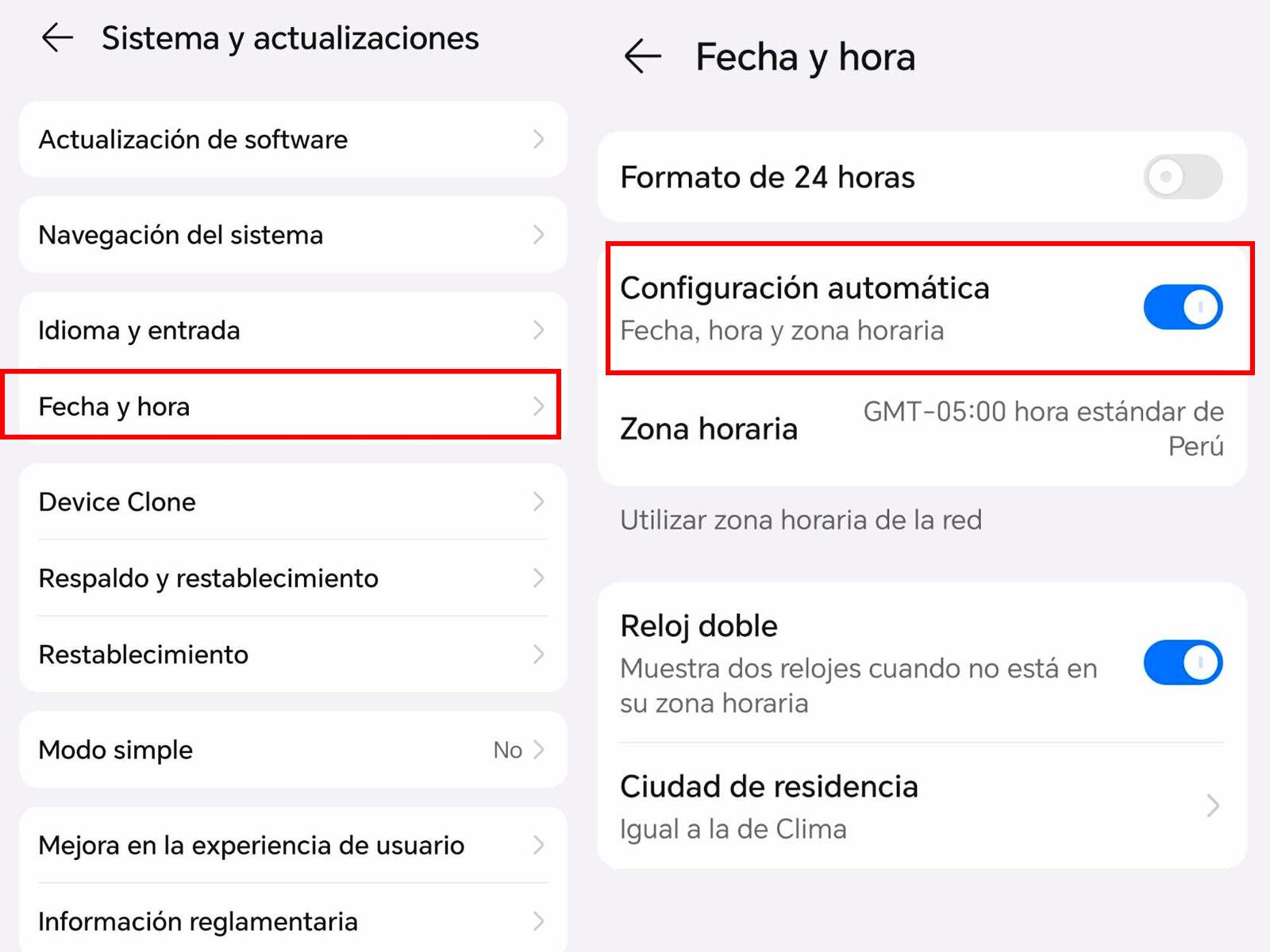 WHATSAPP | Recuerda desactivar la pestaña de "Automático" en la hora de tu celular Android. (Foto: MAG - Rommel Yupanqui)