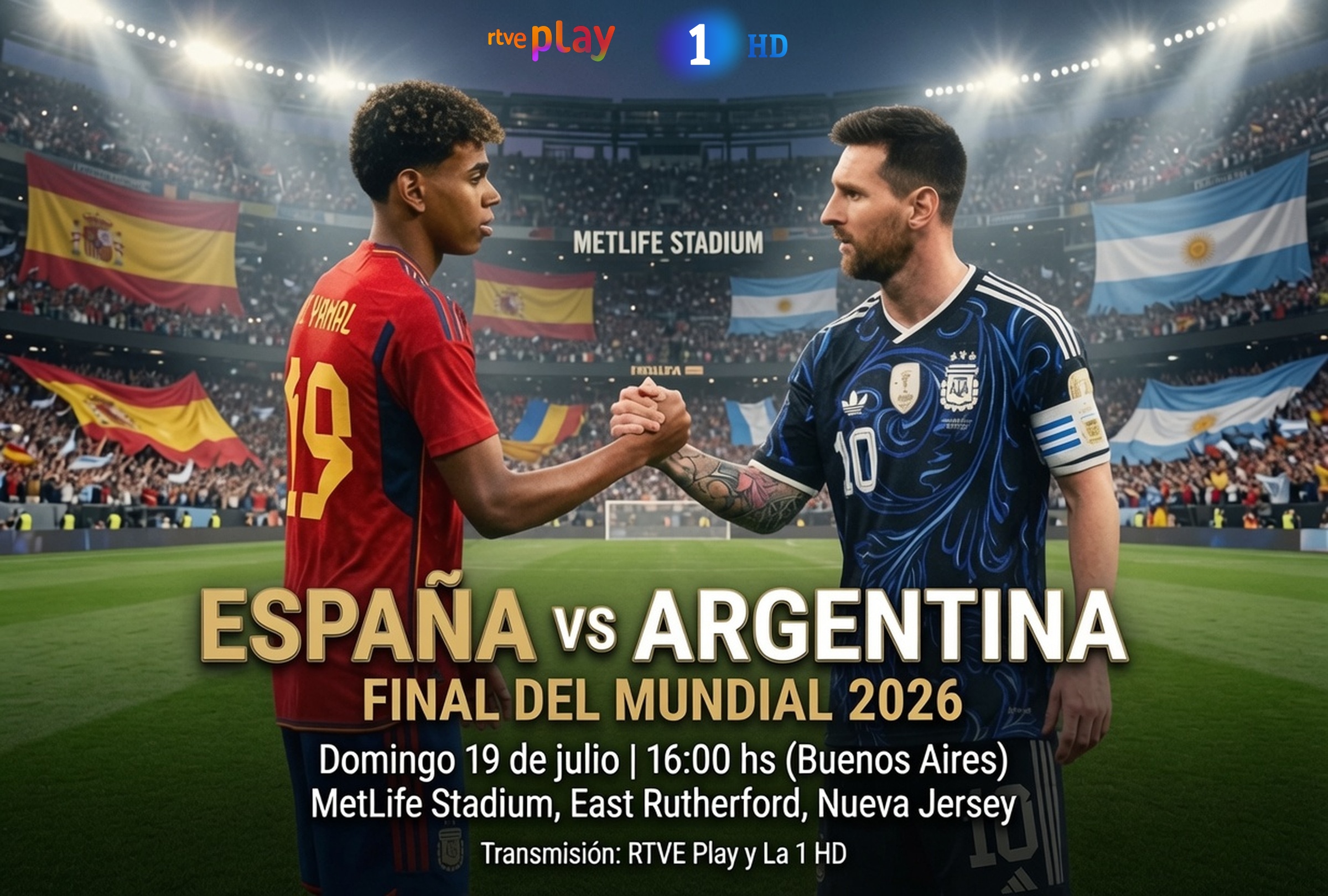 EAST RUTHERFORD, NUEVA JERSEY (ESTADOS UNIDOS), 19/07/2026.- Cobertura oficial de RTVE Play Mundial y Canal La 1 HD de TVE EN DIRECTO ONLINE GRATIS para ver el partido España — Argentina hoy por la gran final del Mundial 2026 en el MetLife Stadium de East Rutherford, Nueva Jersey. FOTO DE NOÉ YACTAYO