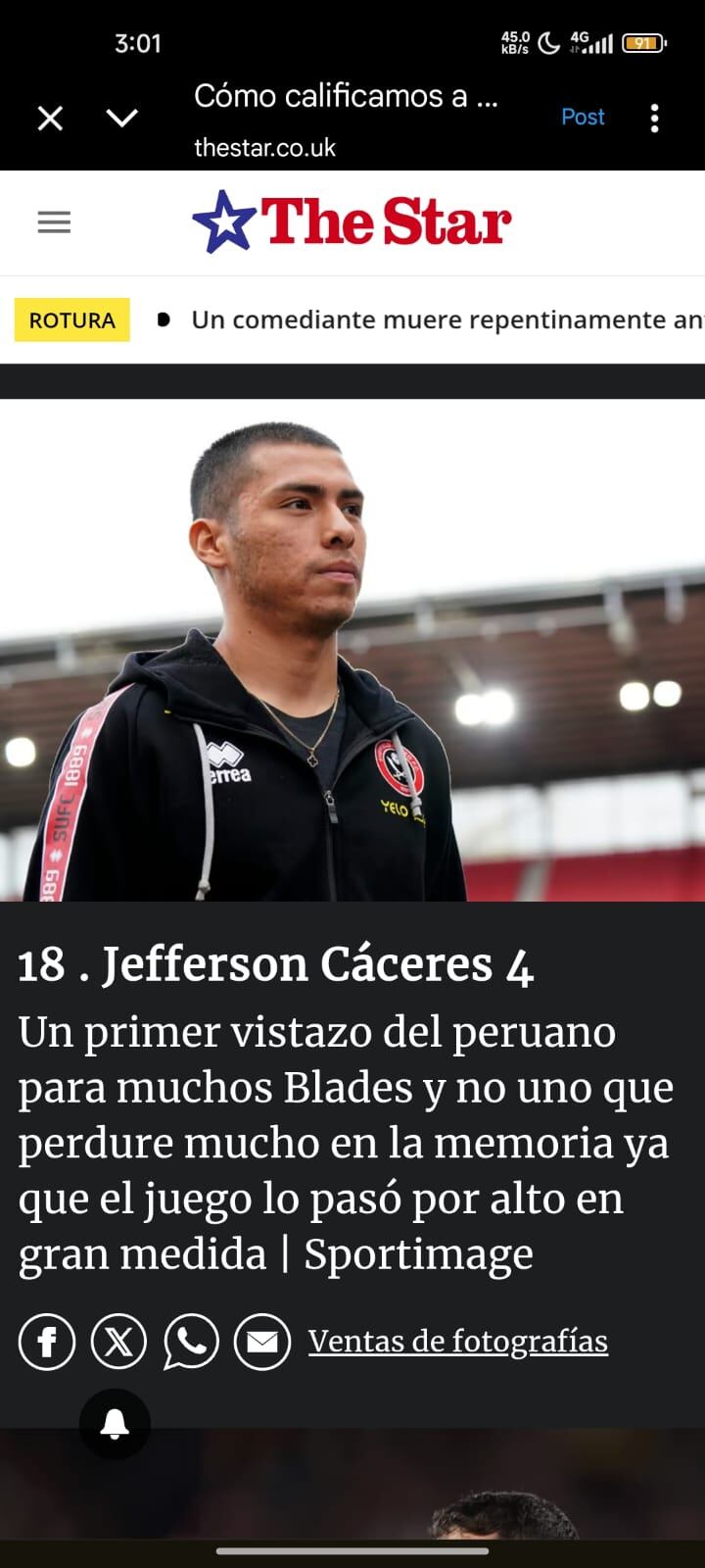 El medio "The Star" le puso puntaje a la participación de Jefferson Cáceres en el Sheffield United.