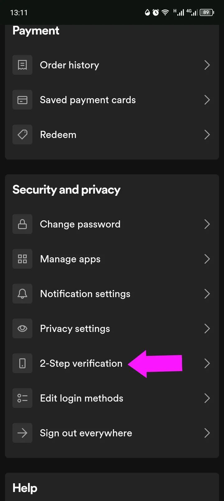 Ubicación de la opción "2-Step Verification"