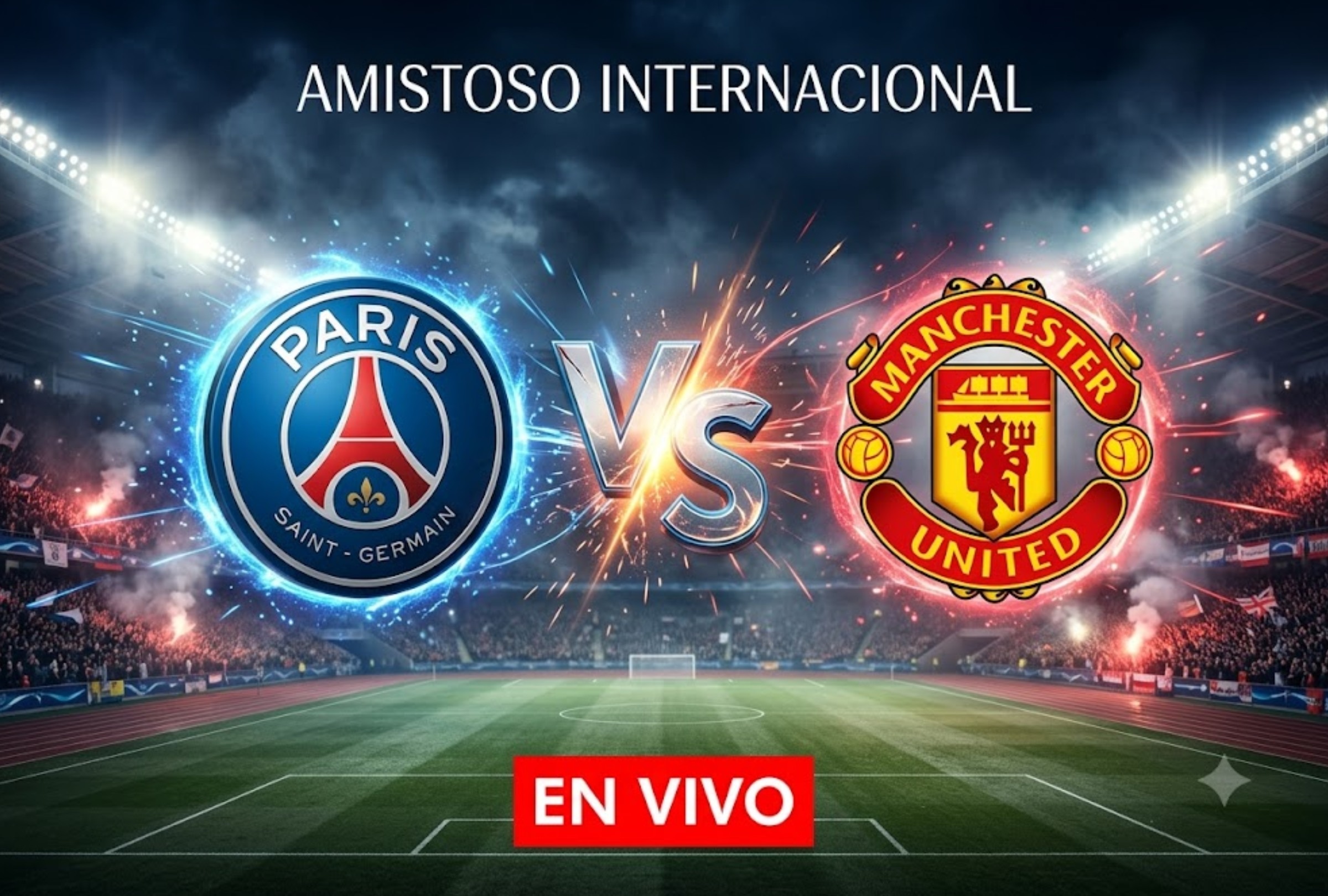 GOTEMBURGO, SUECIA, (08/08/2026).- Horarios y canales de TV que transmitirán EN VIVO el partido de PSG vs. Manchester United en amistoso internacional que se realizará en Ullevi Stadium en Gotemburgo, Suecia. FOTO: Imagen creada por la IA de Gemini.