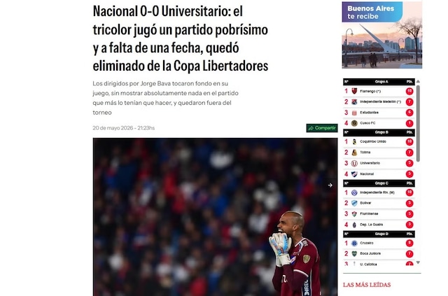 La reacción de la prensa uruguaya al empate entre Universitario vs. Nacional por la Copa Libertadores 2026. (Imagen: Captura)