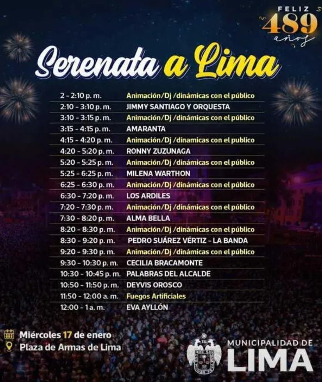 Horario serenata 17 de enero 2024