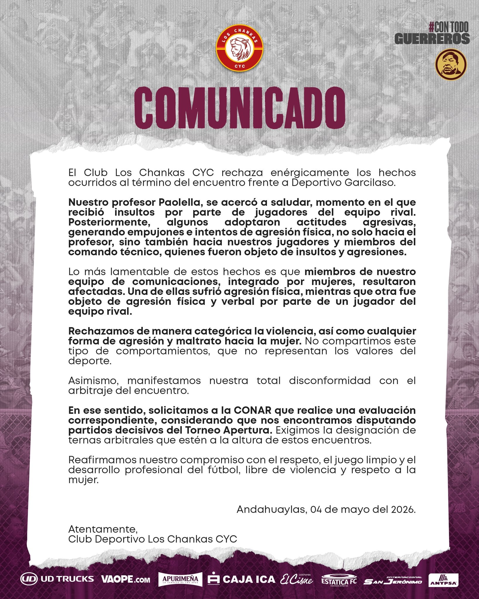 El comunicado de Los Chankas sobre lo ocurrido en Andahuaylas. (Imagen: Los Chankas)