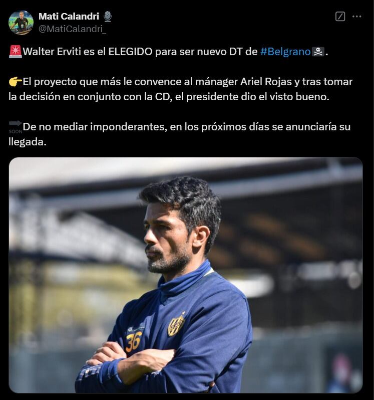 Walter Erviti será el nuevo entrenador de Belgrano en el 2025 según prensa de Argentina. (Foto: Captura de X).