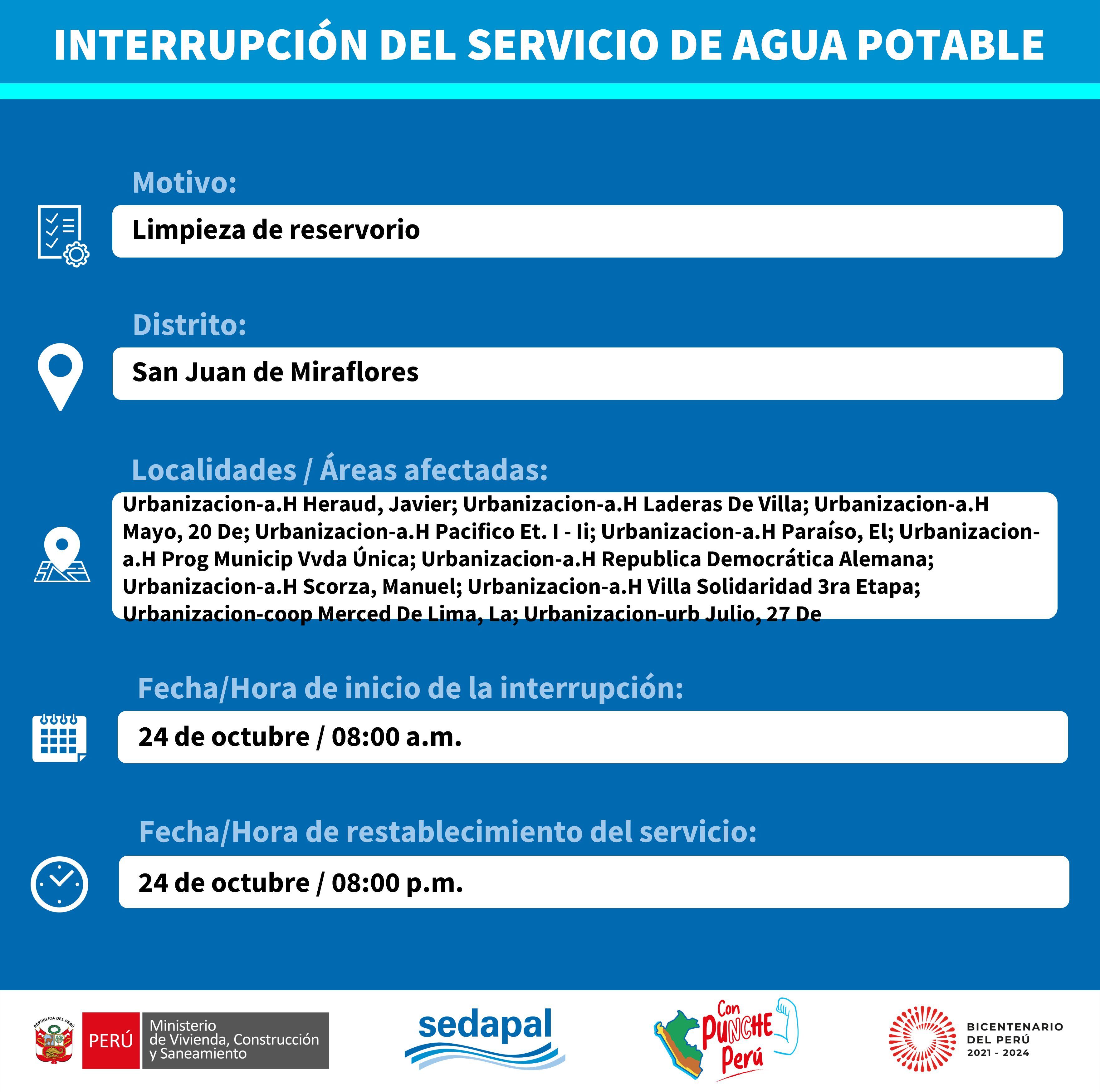 Sedapal dio a conocer en qué zonas habrá corte de agua para este 24 de octubre. (Foto: Twitter)