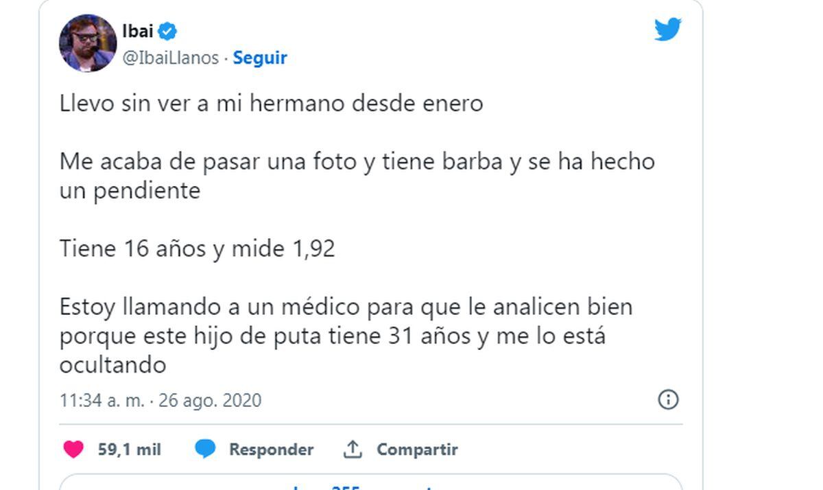 El tuit del 2020 en el que bromea sobre el aspecto físico de su hermano menor (Foto: Ibai Llanos / Twitter)