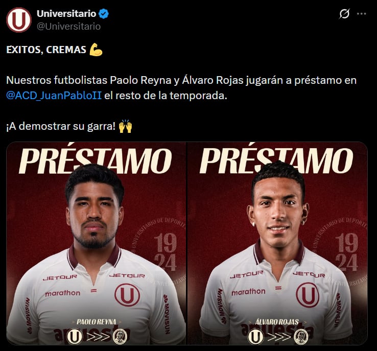 Universitario anunció el préstamos de Paolo Reyna y Álvaro Rojas. (Foto: Captura X)