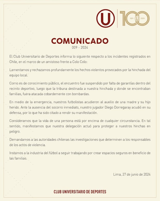 Comunicado  de Universitario sobre los hechos ocurridos en Santiago. (Imagen: Universitario)