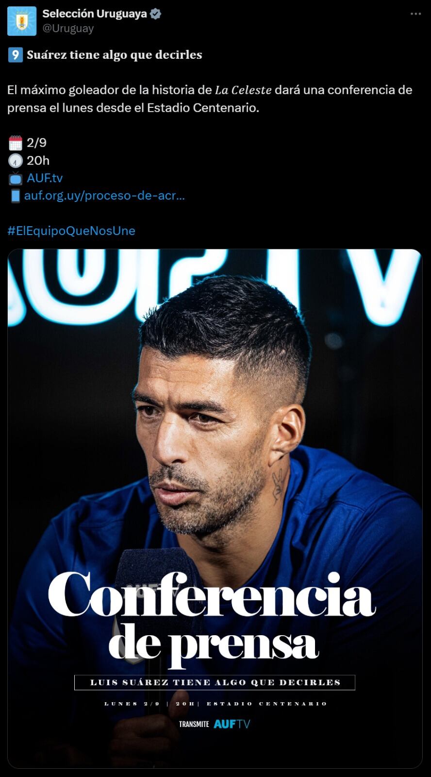 Luis Suárez podría retirarse este lunes 2 de septiembre de la Selección de Uruguay. (Foto: @Uruguay).