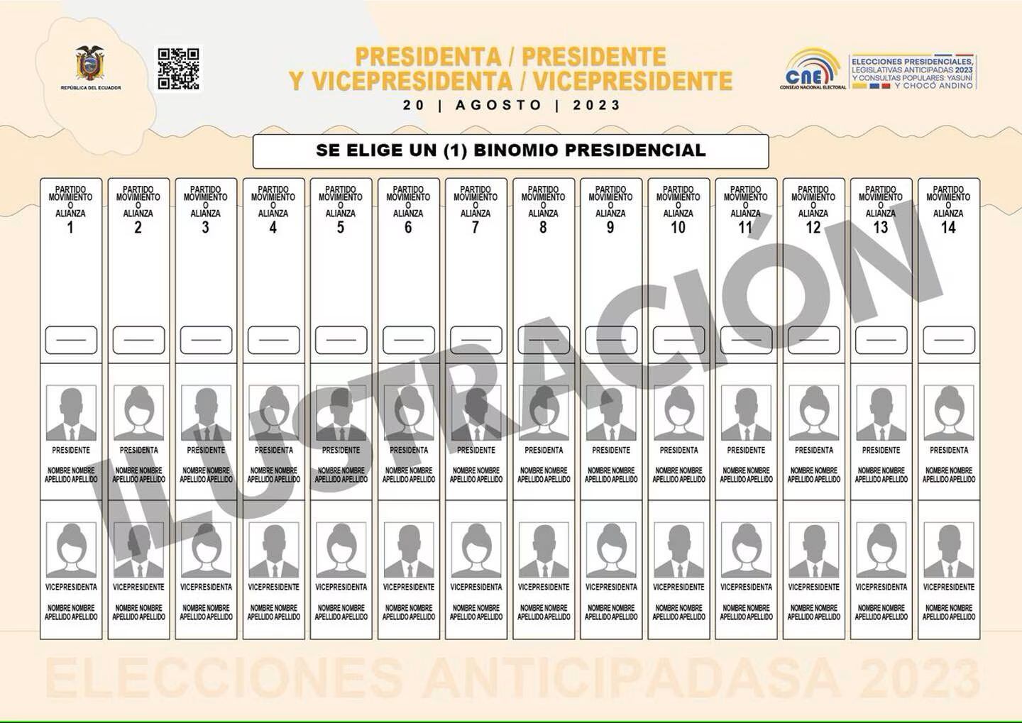 Papeleta con los binomios presidenciales para las Elecciones generales de Ecuador, 2023. | Crédito: cne.gob.ec