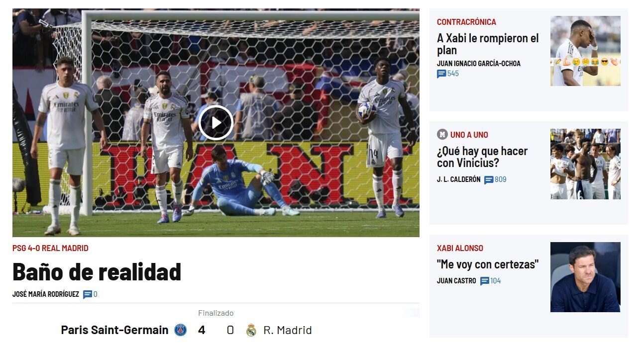 Real Madrid recibió ola de críticas, tras goleada ante PSG. (Captura: Marca)