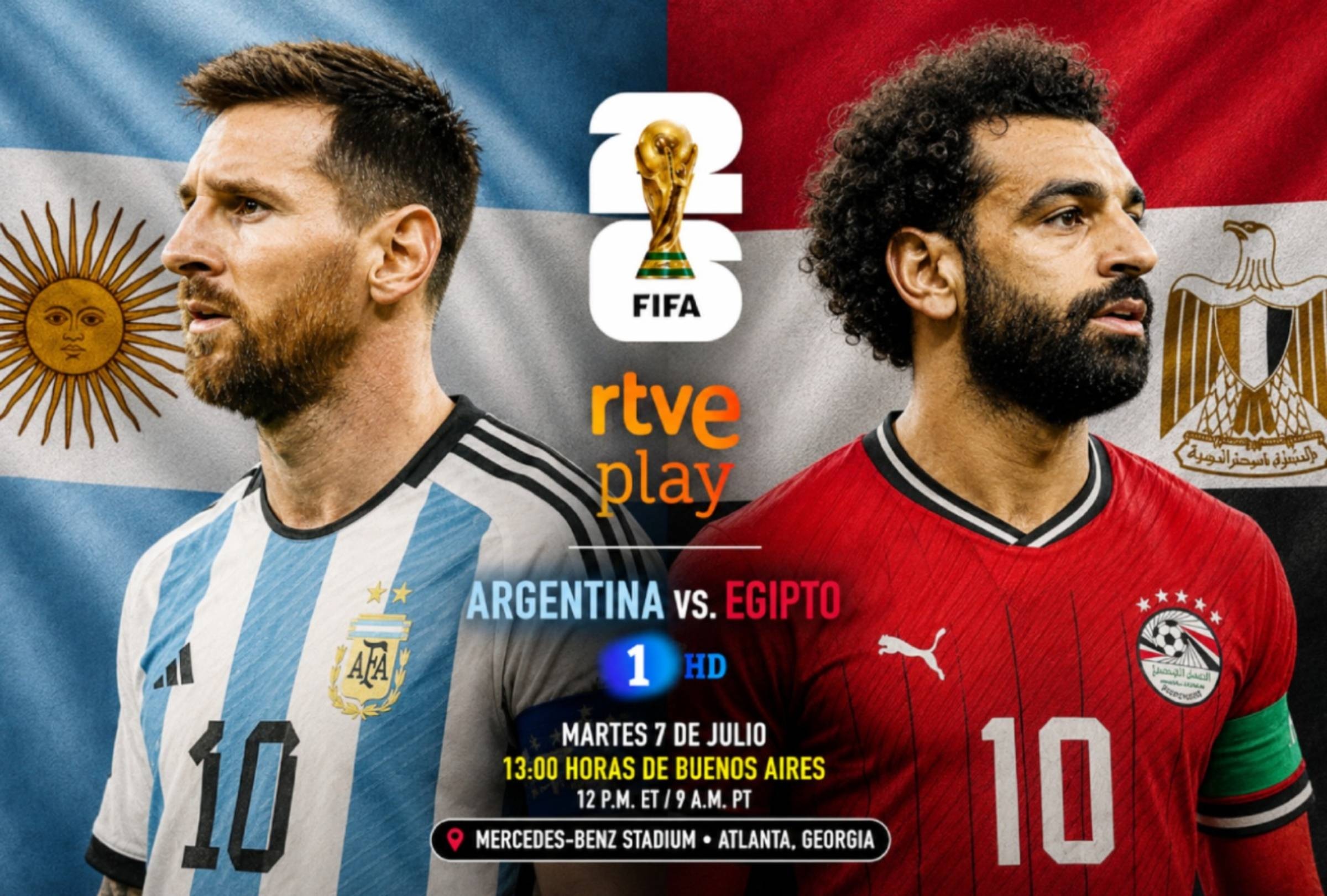 ATLANTA, GEORGIA, (ESTADOS UNIDOS), 07/07/2026.- RTVE Play Mundial y La 1 HD EN DIRECTO te llevarán el partido de Argentina vs. Egipto con Lionel Messi hoy por los octavos de final del Mundial 2026, desde Mercedes-Benz Stadium, Atlanta, Georgia, Estados Unidos. FOTO: Imagen creada por Gemini.