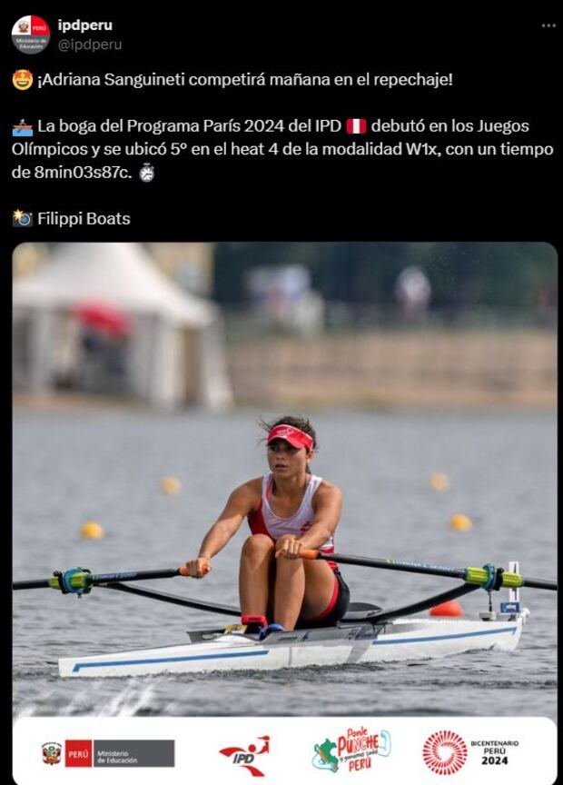 Adriana Sanguinetti debutó en los Juegos Olímpicos y se ubicó 5° en el heat 4 de la modalidad W1x.