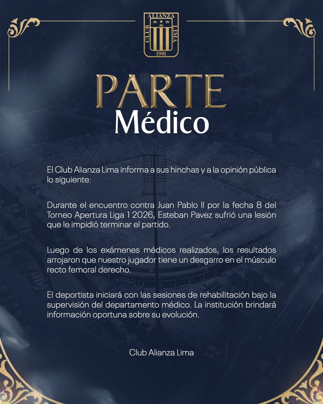 Parte médico de Alianza Lima sobre la lesión de Esteban Pavez. (Foto: Alianza Lima)