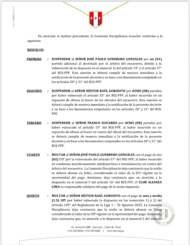 Sanciones impuestas por la Comisión Disciplinaria hacia el club Alianza Lima. (Foto: FPF)