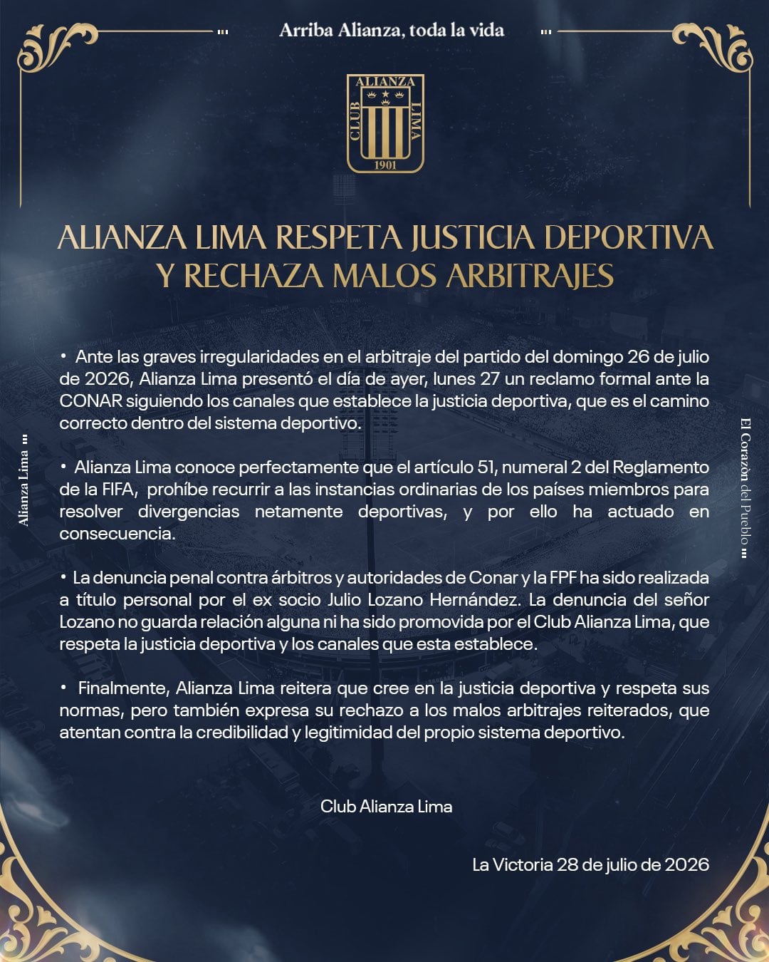 Comunicado de Alianza Lima en sus redes sociales. (Foto: @ClubALOficial)
