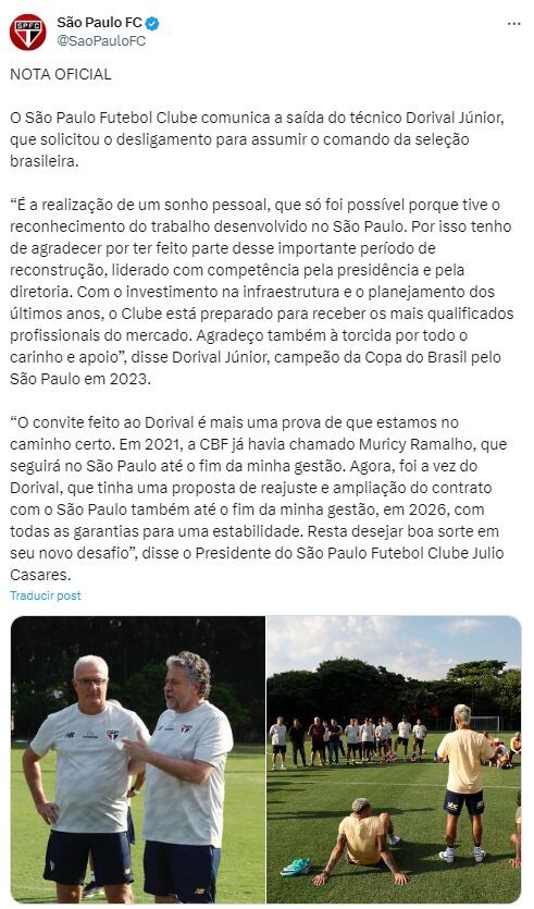 São Paulo anunció que Dorival Júnior es nuevo DT de Brasil. (Foto: X).