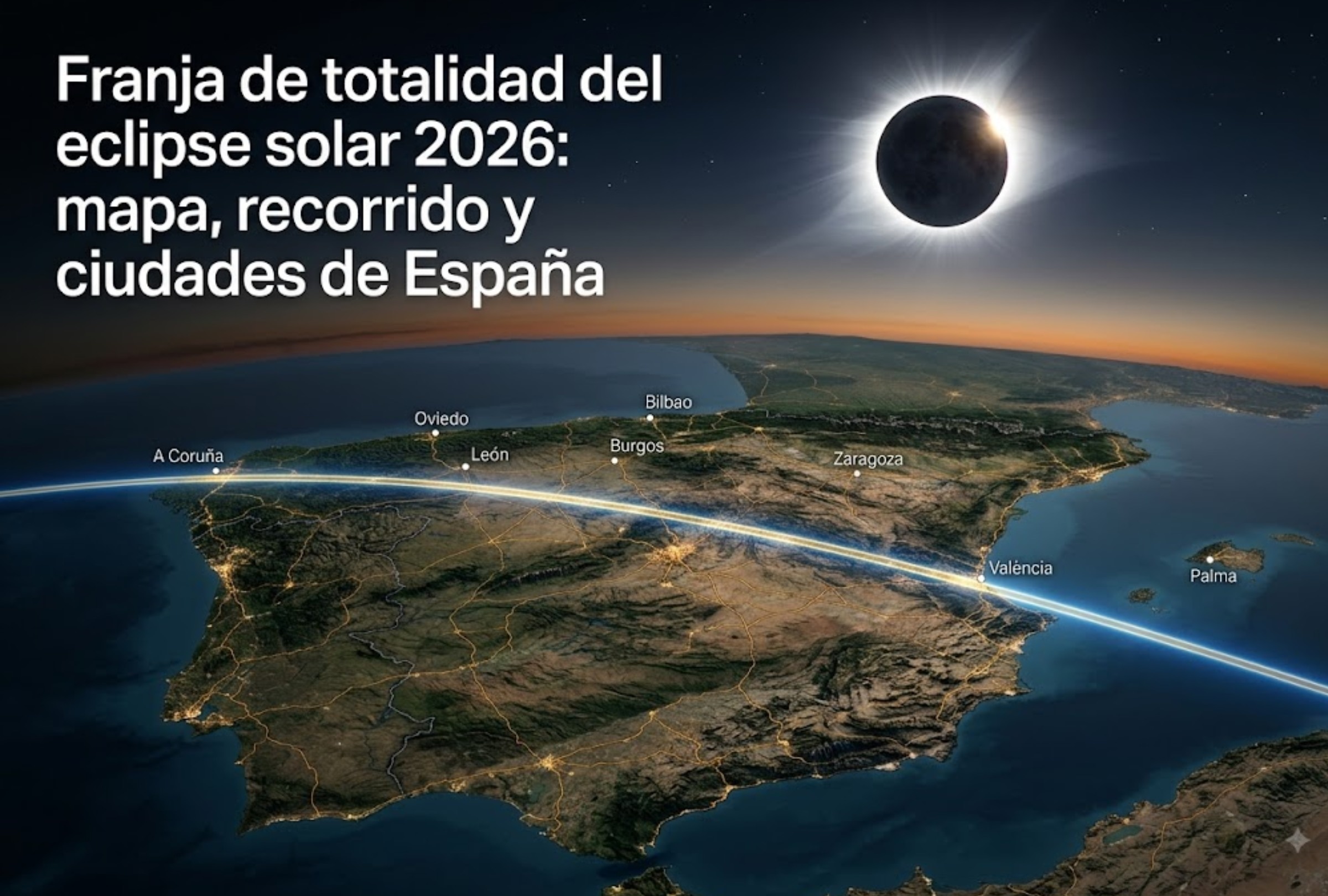 El recorrido de la franja de totalidad del eclipse solar 2026 y ciudades en España donde se podrá ver al 100% este evento histórico. FOTO: Imagen creada por la IA de Gemini.