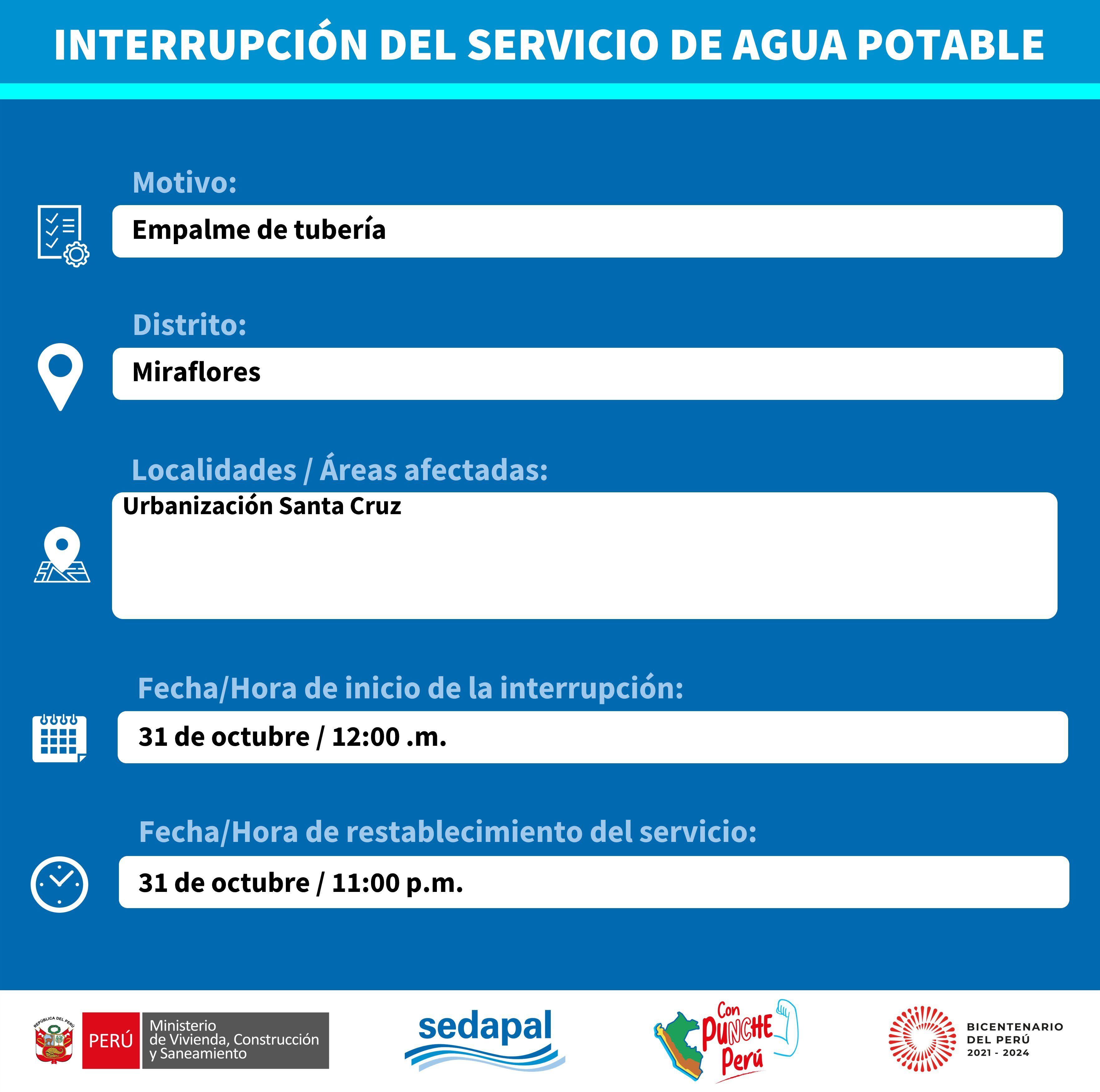 Sedapal, dio a conocer en qué zonas habrá corte de agua este 31 de octubre. (Foto: Twitter)