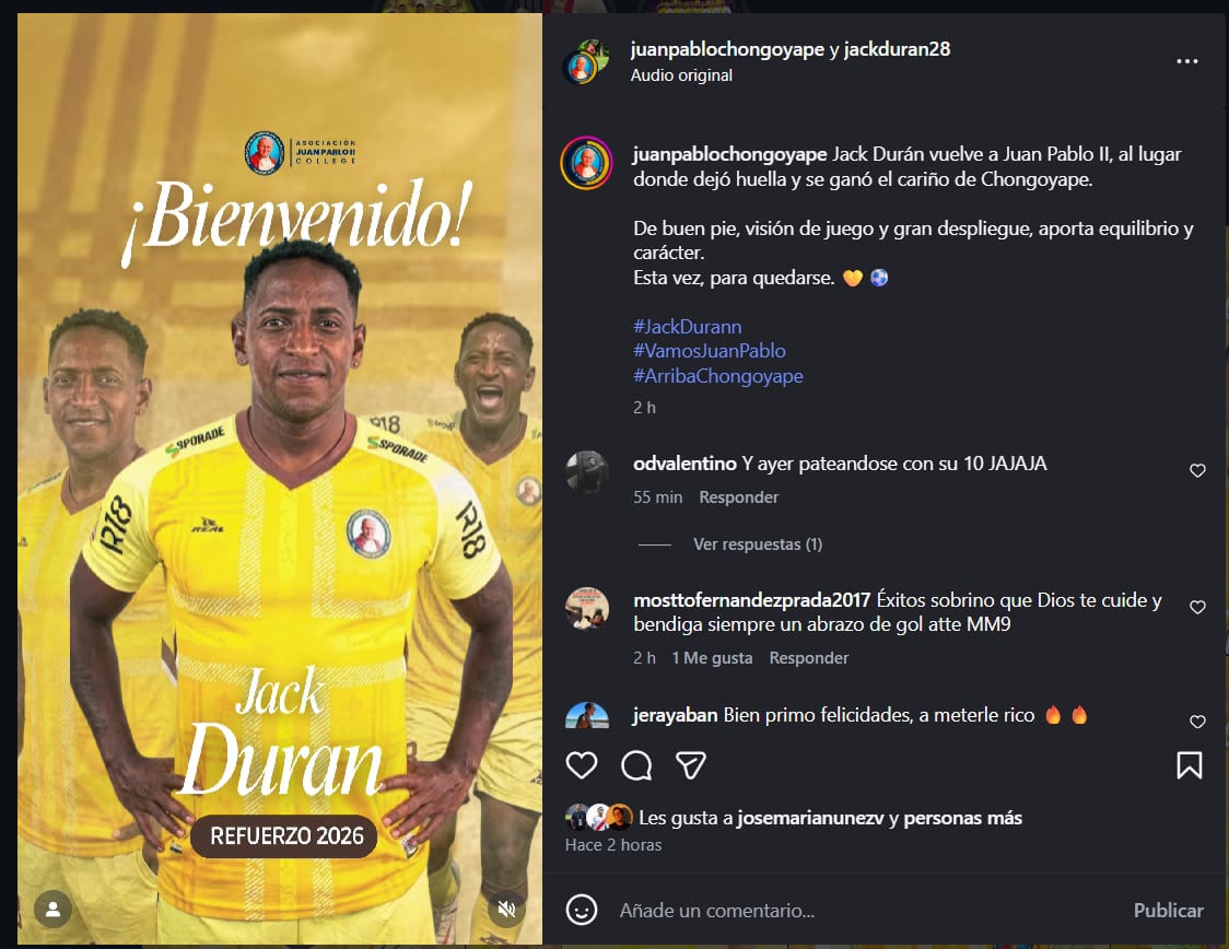 Juan Pablo II anunció el fichaje de Jack Durán para el 2026. (Foto: Captura IG)