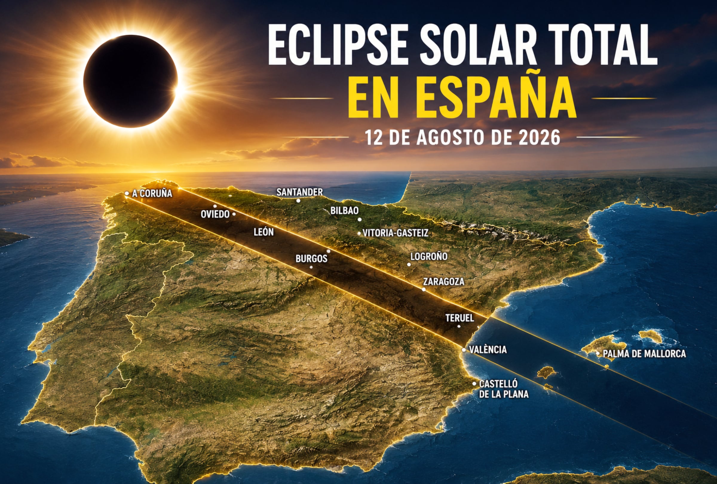 MADRID (ESPAÑA), 12/08/2026.- ¿Dónde se verá el eclipse solar total en España? Revisa el mapa, las ciudades dentro de la franja de totalidad y cuánto durará el eclipse. FOTO DE NOÉ YACTAYO