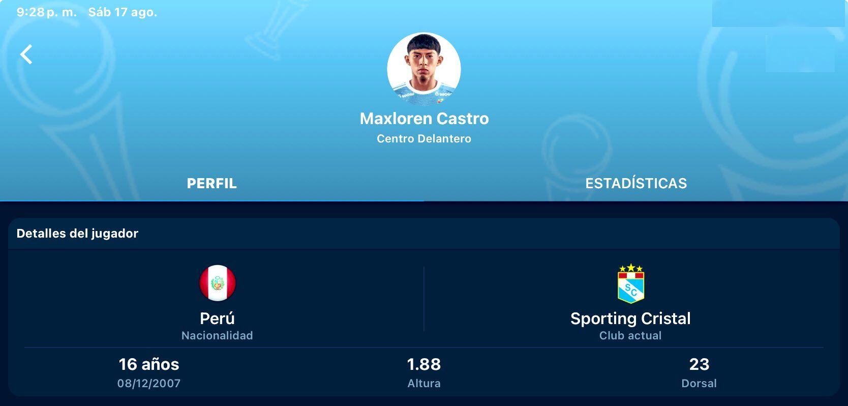 Maxloren Castro juega su primera temporada en el equipo de mayores de Sporting Cristal.