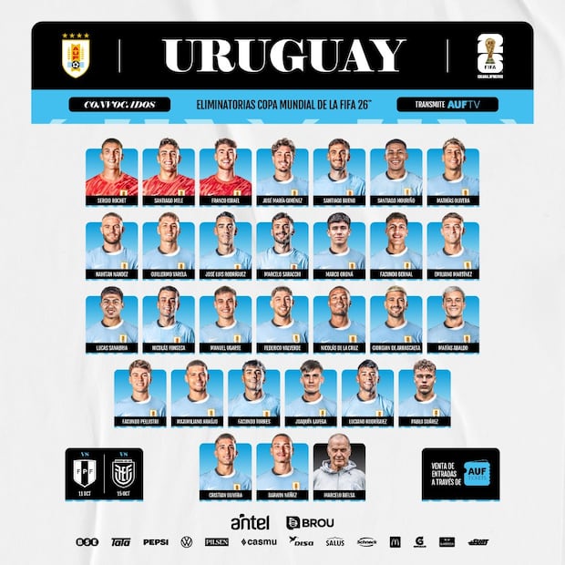 Uruguay presentó sus convocados para el partido de Perú y Ecuador por Eliminatorias 2026. (Foto: @Uruguay).