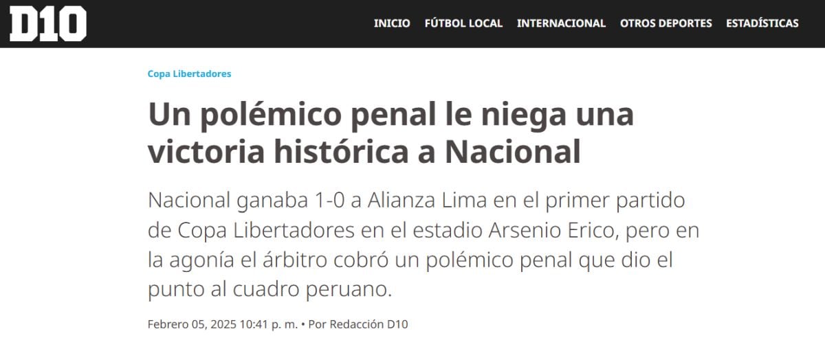 Portada del medio 'D10' de Paraguay sobre el Alianza Lima vs. Nacional por la Copa Libertadores (Foto: D10).