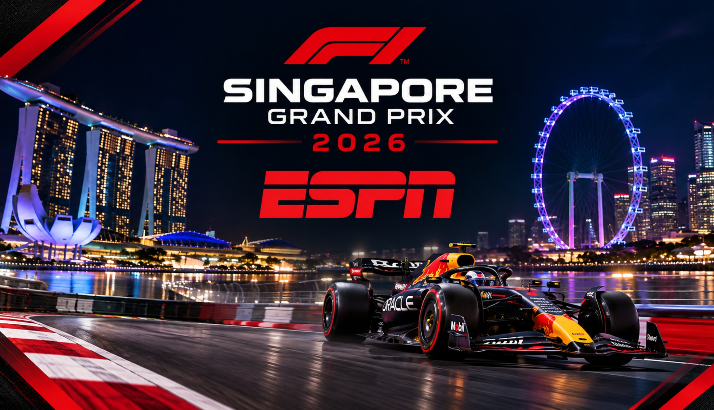 Señal de ESPN y Disney Plus Premium para ver la carrera del GP de Singapur 2026, este domingo 11 de octubre, desde el Circuito de Marina Bay. (Foto: Imagen creada por Depor utilizando la IA de Chat GPT)