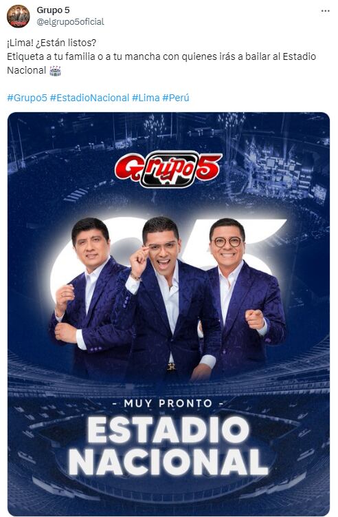 Grupo 5 anunció concierto en el Estadio Nacional | Foto: Twitter