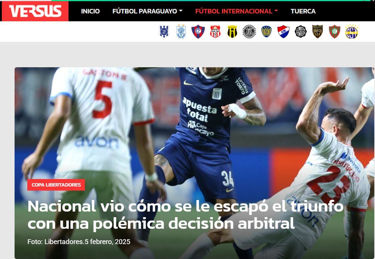Portada del medio 'Versus' de Paraguay sobre el Alianza Lima vs. Nacional por la Copa Libertadores (Foto: Versus).