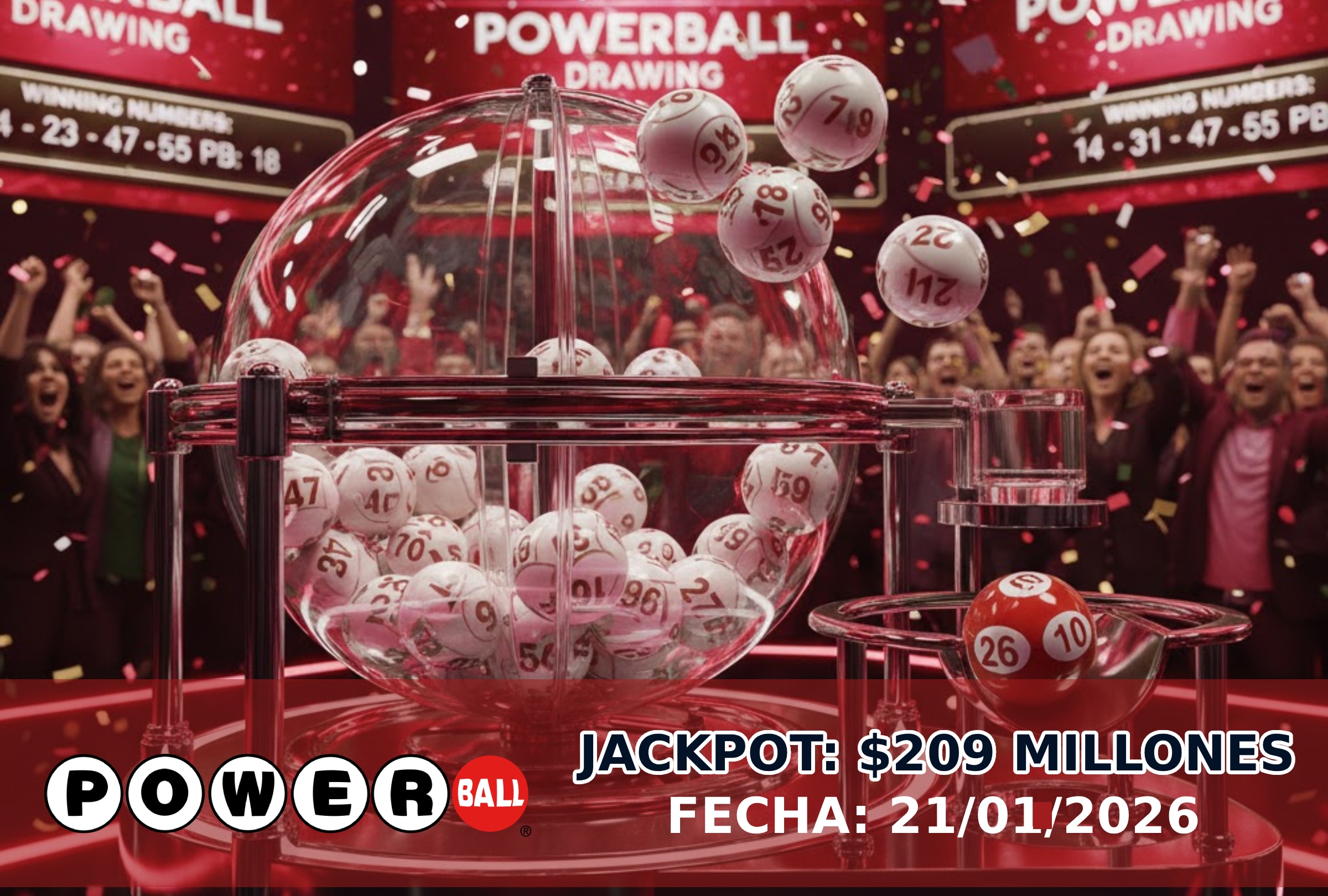 MIAMI, FLORIDA (ESTADOS UNIDOS), 21/01/2026.- ¿Quién ganó el sorteo del Powerball hoy? Revisa los resultados y números ganadores en vivo y en directo del sorteo del miércoles 21 de enero con un premio mayor de $209 millones. IMAGEN CREADA POR NOÉ YACTAYO CON GEMINI AI DE GOOGLE CON LOGO DE POWERBALL PARA DEPOR.COM