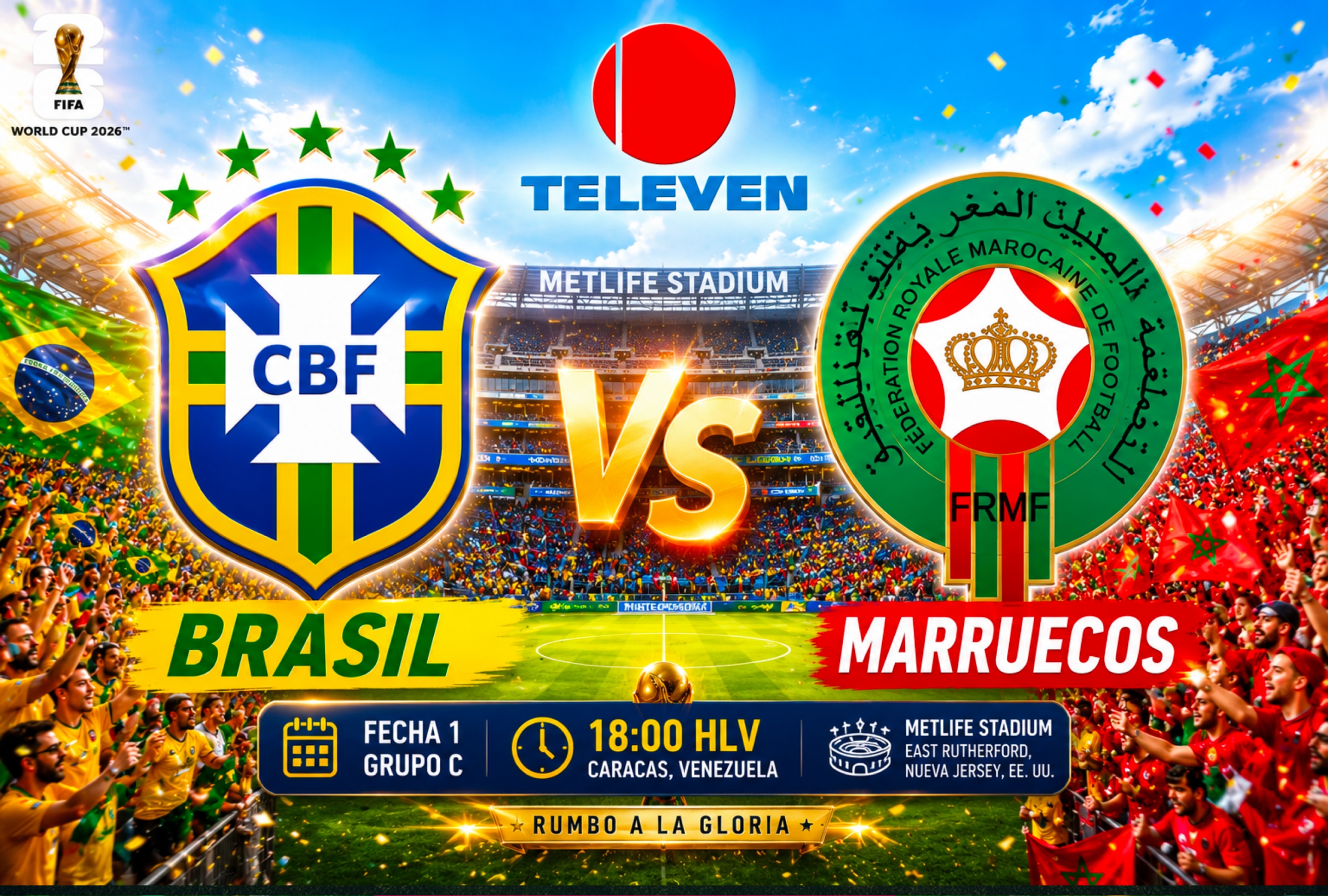 EAST RUTHERFORD, NUEVA YORK (ESTADOS UNIDOS), 13/06/2026.- Cobertura oficial de Televen EN VIVO GRATIS para ver el partido Brasil vs. Marruecos hoy por la Jornada 1 del grupo C del Mundial 2026 en el MetLife Stadium de East Rutherford, Nueva York. FOTO DE NOÉ YACTAYO