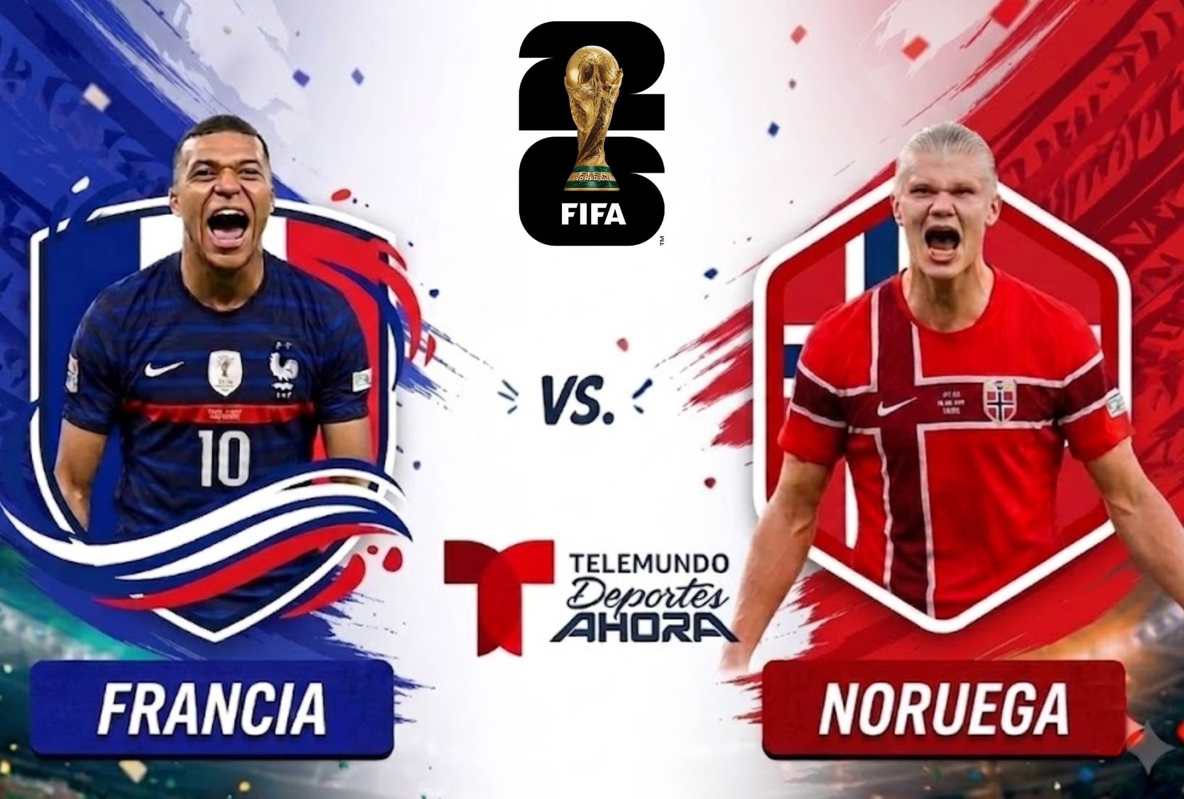 FOXBOROUGH, MASSACHUSETTS (ESTADOS UNIDOS), 26/06/2026. Telemundo Deportes Ahora te llevará EN VIVO el partido entre Francia vs. Noruega por la última fecha del Grupo I del Mundial 2026 en el Estadio Gillette (Boston Stadium), Foxborough, Estados Unidos. FOTO creada por Gemini.