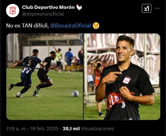 Deportivo Morón y su mensaje a Boca tras perder con Alianza Lima. (Imagen: Captura de X)