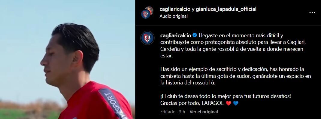 El mensaje de despedida de Cagliari a Gianluca Lapadula.