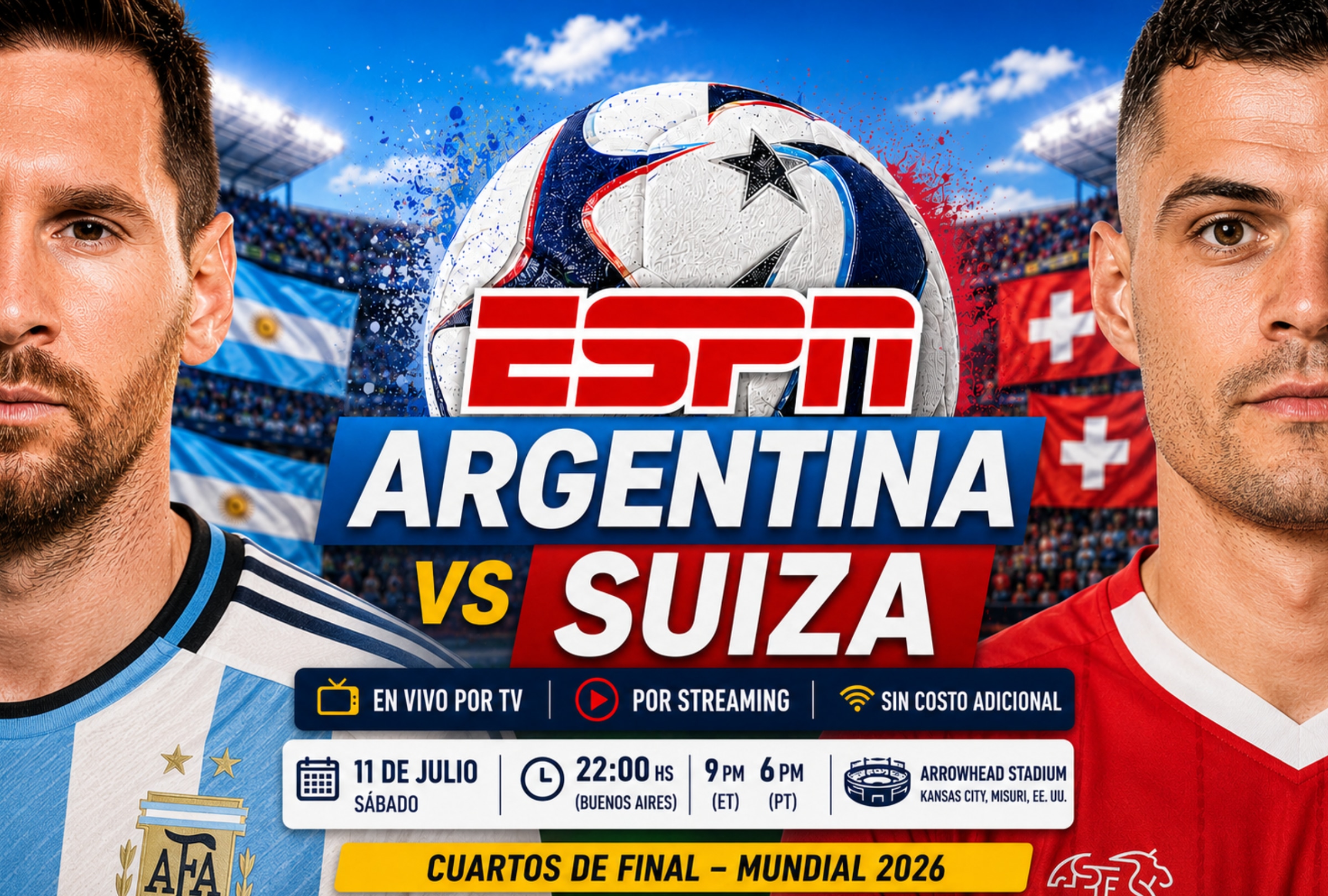 KANSAS CITY, MISURI (ESTADOS UNIDOS), 11/07/2026.- Cobertura oficial vía ESPN (Disney Plus Premium) EN VIVO ONLINE para ver el partido Argentina vs. Suiza hoy por los cuartos de final de la Copa Mundial FIFA 2026 en el Arrowhead Stadium de Kansas City, Misuri (Estados Unidos). FOTO DE NOÉ YACTAYO