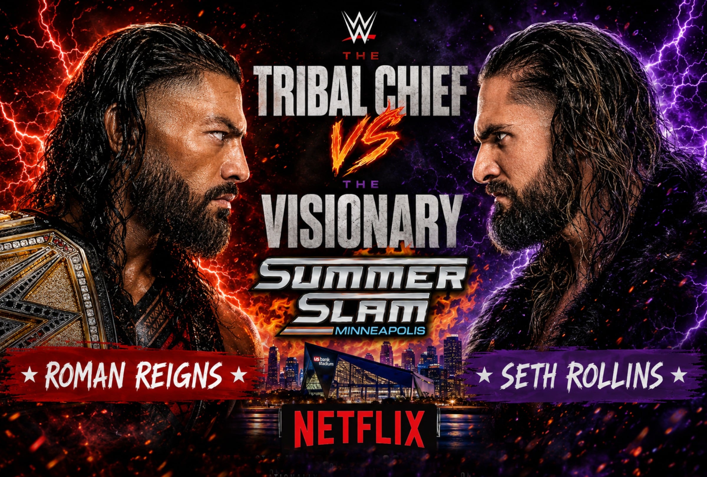 MINNEAPOLIS, MINNESOTA, ESTADOS UNIDOS, 2/08/2026. Netflix transmitirá EN VIVO y EN DIRECTO WWE SummerSlam 2026 Night 2, que se realizará hoy en U.S. Bank Stadium de Minneapolis, Minnesota, Estados Unidos. FOTO: Imagen creada por ChatGPT.