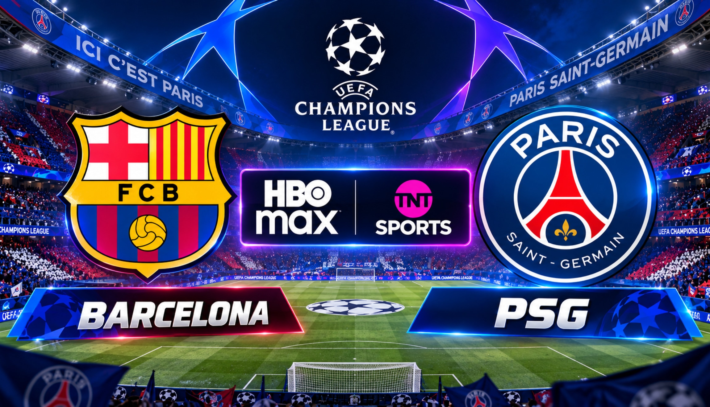 Señal de TNT Sports y HBO Max para ver la transmisión de Barcelona vs. PSG en vivo y en directo, este martes 20 de octubre, por la Jornada 3 de la UEFA Champions League 2026. (Foto: Imagen creada por Depor utilizando la IA de Chat GPT)
