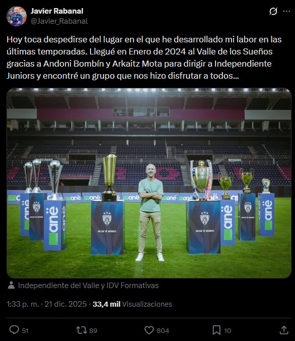 Javier Rabanal se despide de IDV | Foto: X (Javier Rabanal)