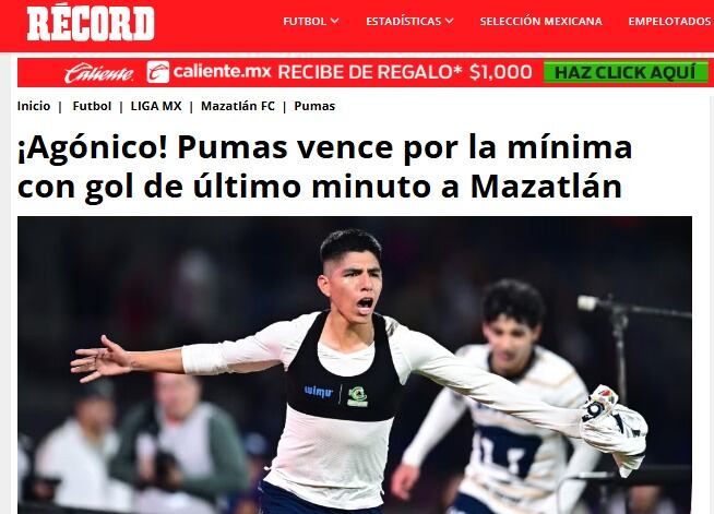 Piero Quispe le dio el triunfo a Pumas UNAM sobre Mazatlán. (Imagen: Captura de RÉCORD)