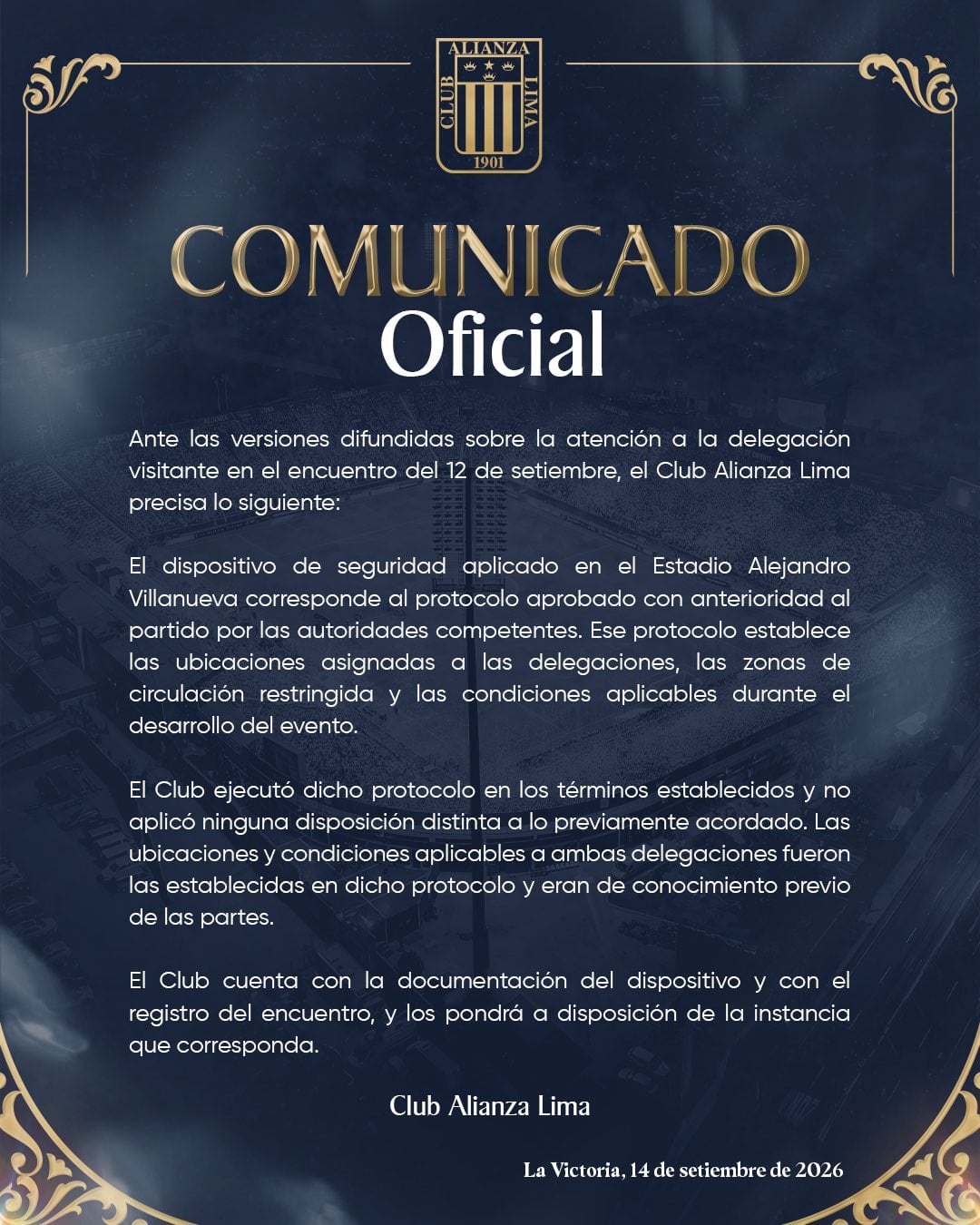 Comunicado oficial sobre incidentes ocurridos en el clásico peruano. (Foto: Alianza Lima)