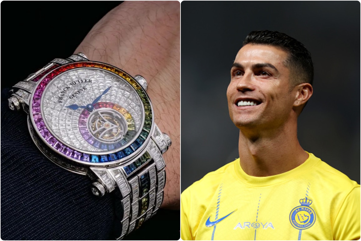 Cristiano Ronaldo | Reloj: Franck Muller 7008 T INV C INV R | Características: diamantes de talla baguette rojos y blancos en engaste invisible | Valor: 1.6 millones de euros.