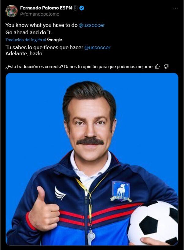 Fernando Palomo postuló a Ted Lasso como DT de la Selección de Estados Unidos. (Foto: Captura 'X').