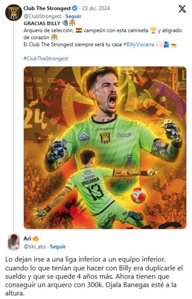 The Strongest oficializó la salida de Viscarra a Alianza Lima.